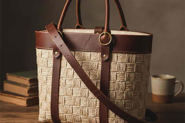 Gewebte Tasche mit Lederbesatz